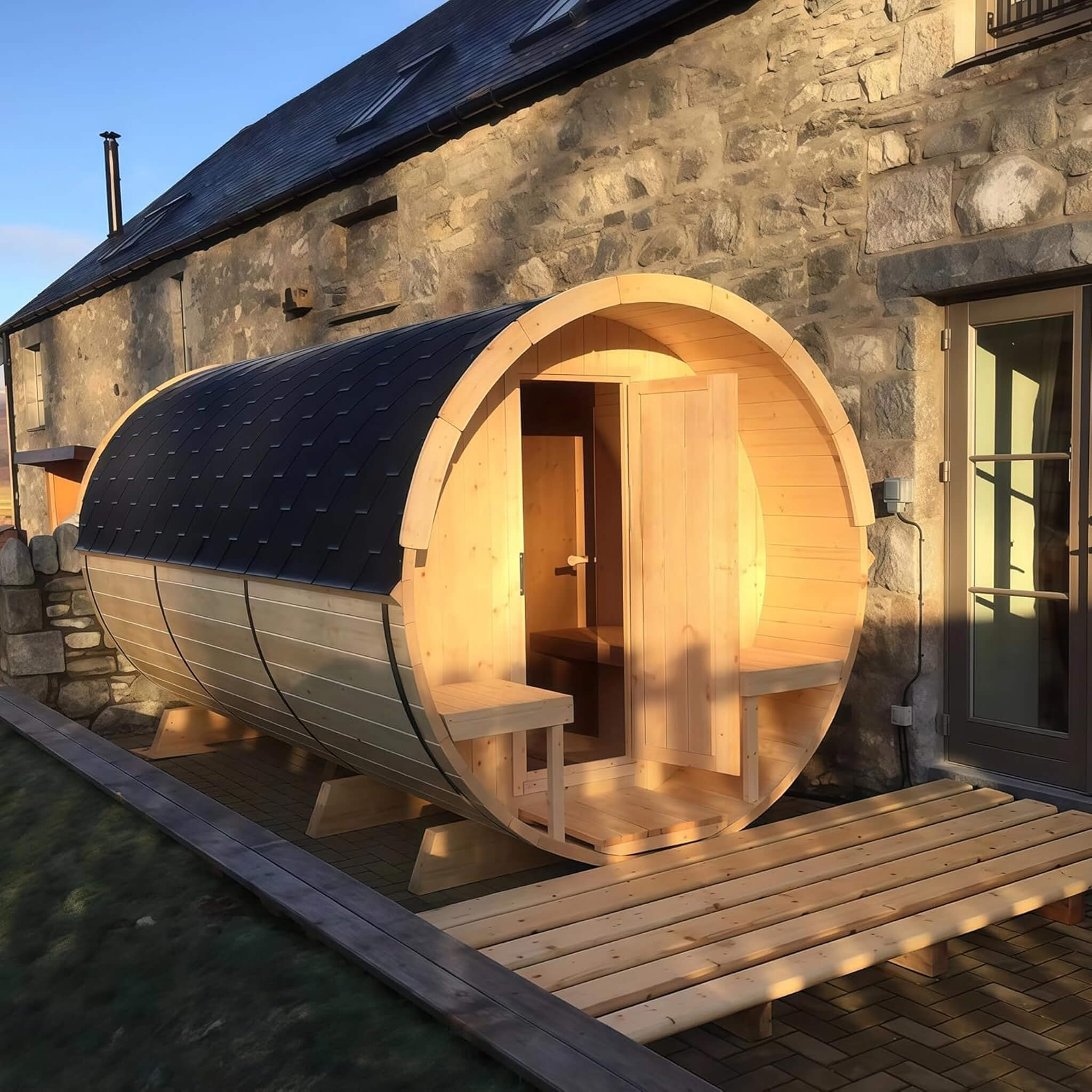 Thermora Premium All-Weather Outdoor Pinewood Barrel Sauna Kit With 4.5KW Heater And Tempered Glass Window (SAK91462)